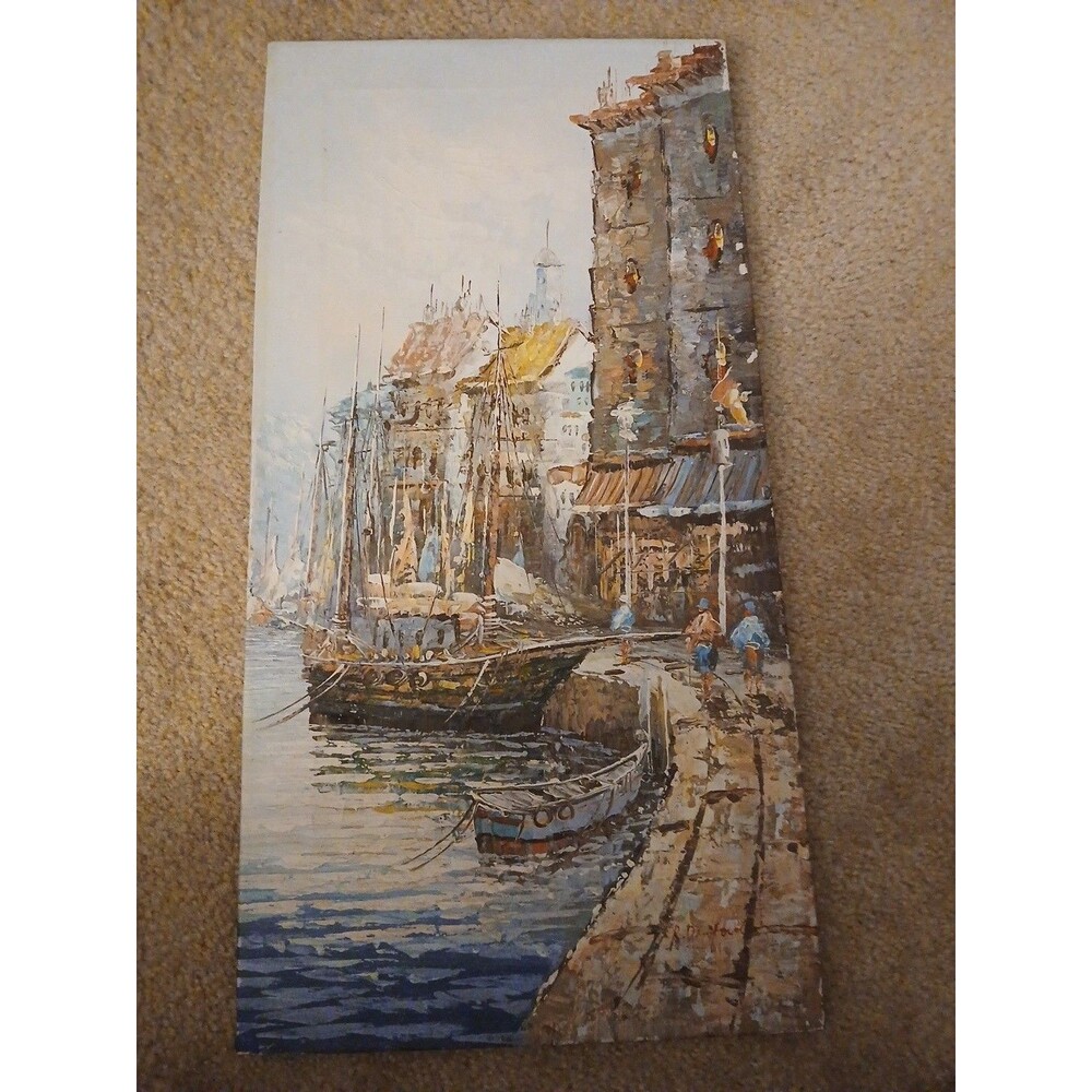 R. Danford Canvas Oil Painting Original Signed Boats Village